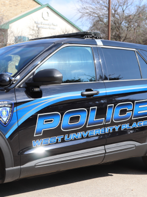 New Black West U PD Patrol Cars with vibrant blue letters that read "Police West University Place
