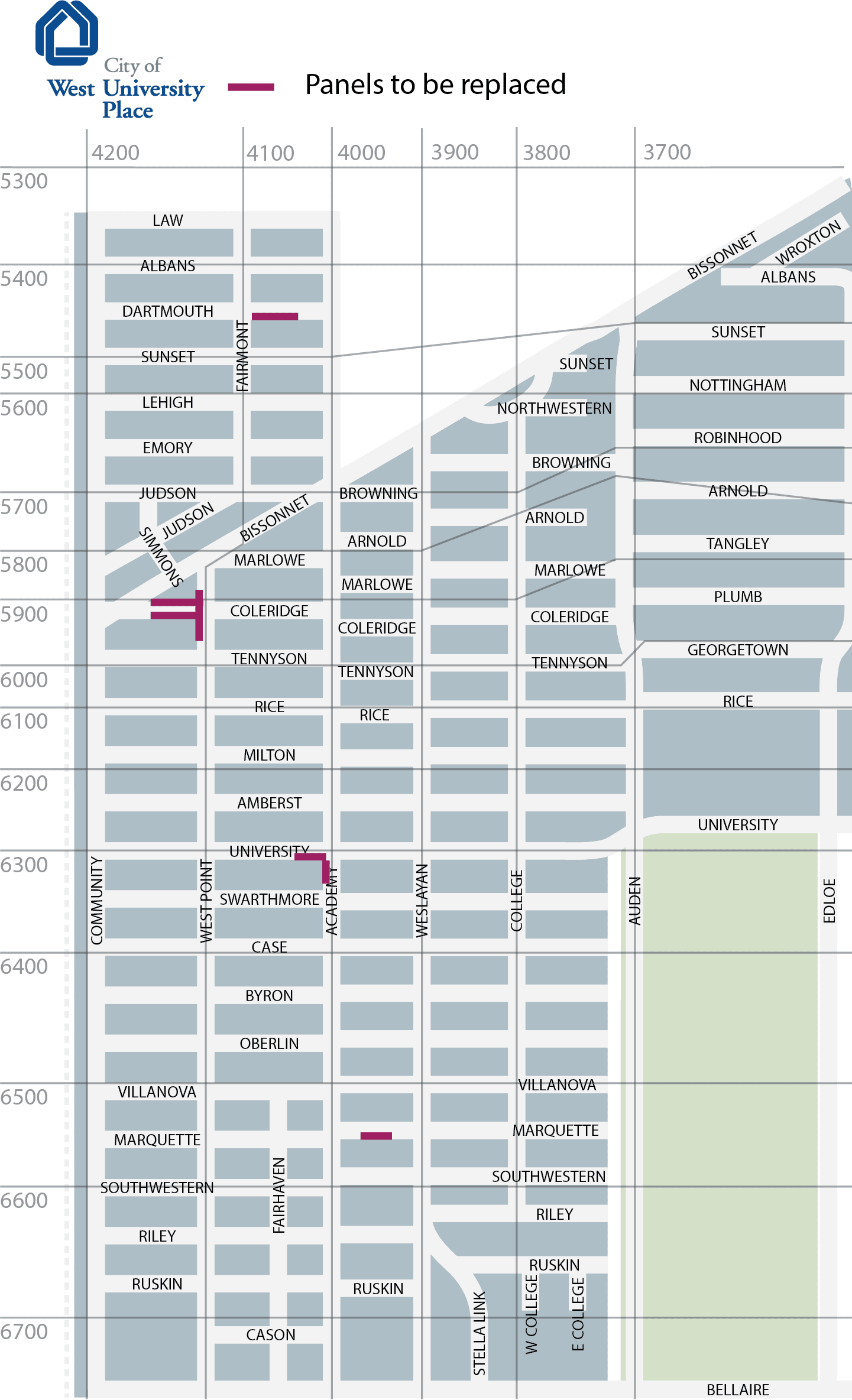 Map of West University Place with marks at each location of panel replacement